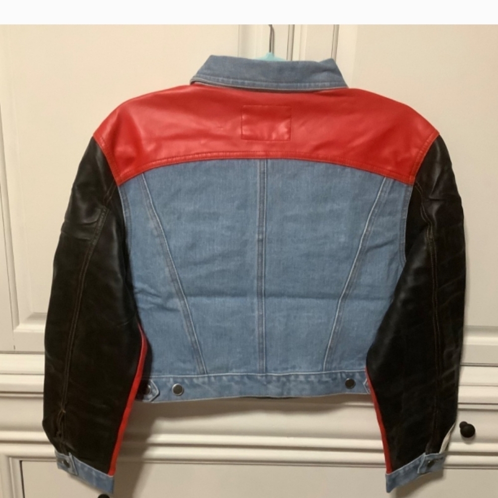 Revolt jean jacket denim and faux red leather women’s NWT  size M - Picture 2 of 9